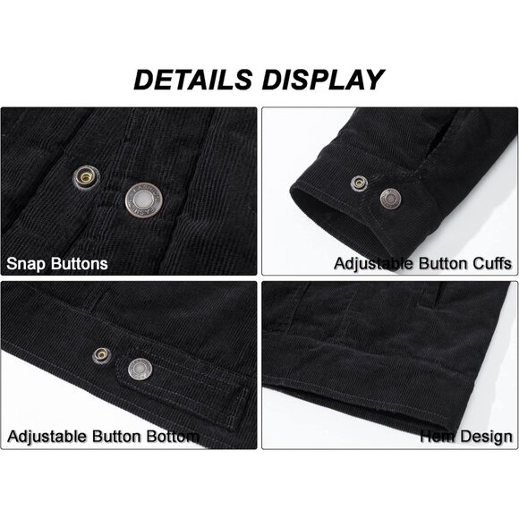 Mens Black Corduroy Jacket Sherpa Lined Warm Winter Trucker Cargo Coat - Picture 7 of 7
